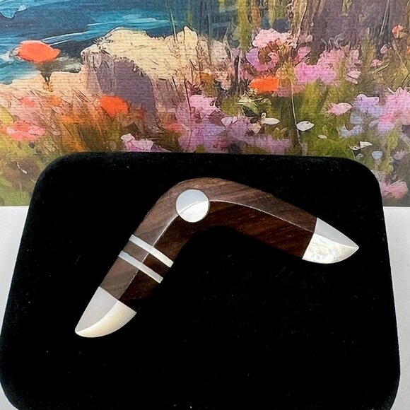 Boomerang Brooch Wood and Mother of Pearl Inlay - Picture 1 of 4